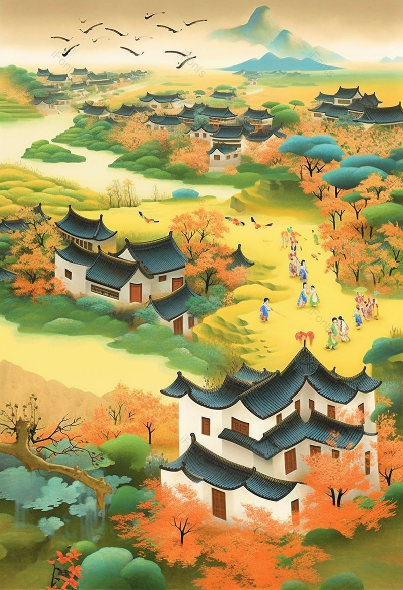 中式建筑田园一角风景插画,插画/手绘图,插画/手绘图库,插画/手绘图下载,插画/手绘
